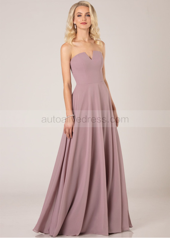 Notched Neck Strapless Mauve Chiffon Bridesmaid Dress